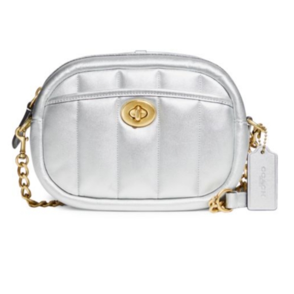 Coach Camera Crossbody Bag Silver Quilted Leather with Chain Strap - Picture 9 of 12